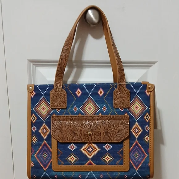 NWT!!! Elegant Blue and Brown Geometric Tote Bag - Picture 1 of 10